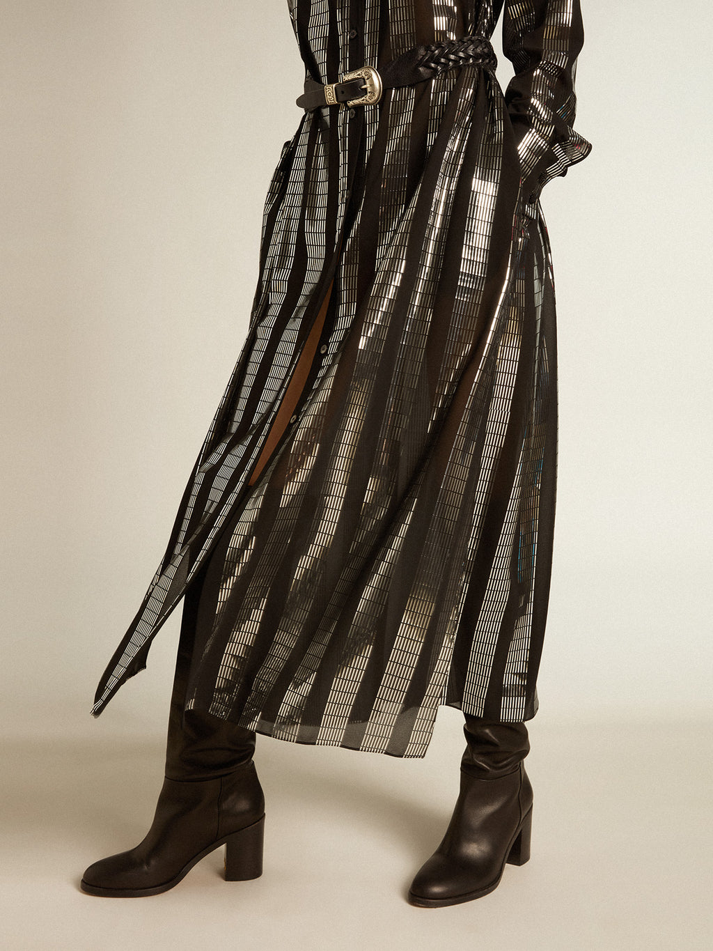 Black shirt dress with metallic appliqués| Golden Goose