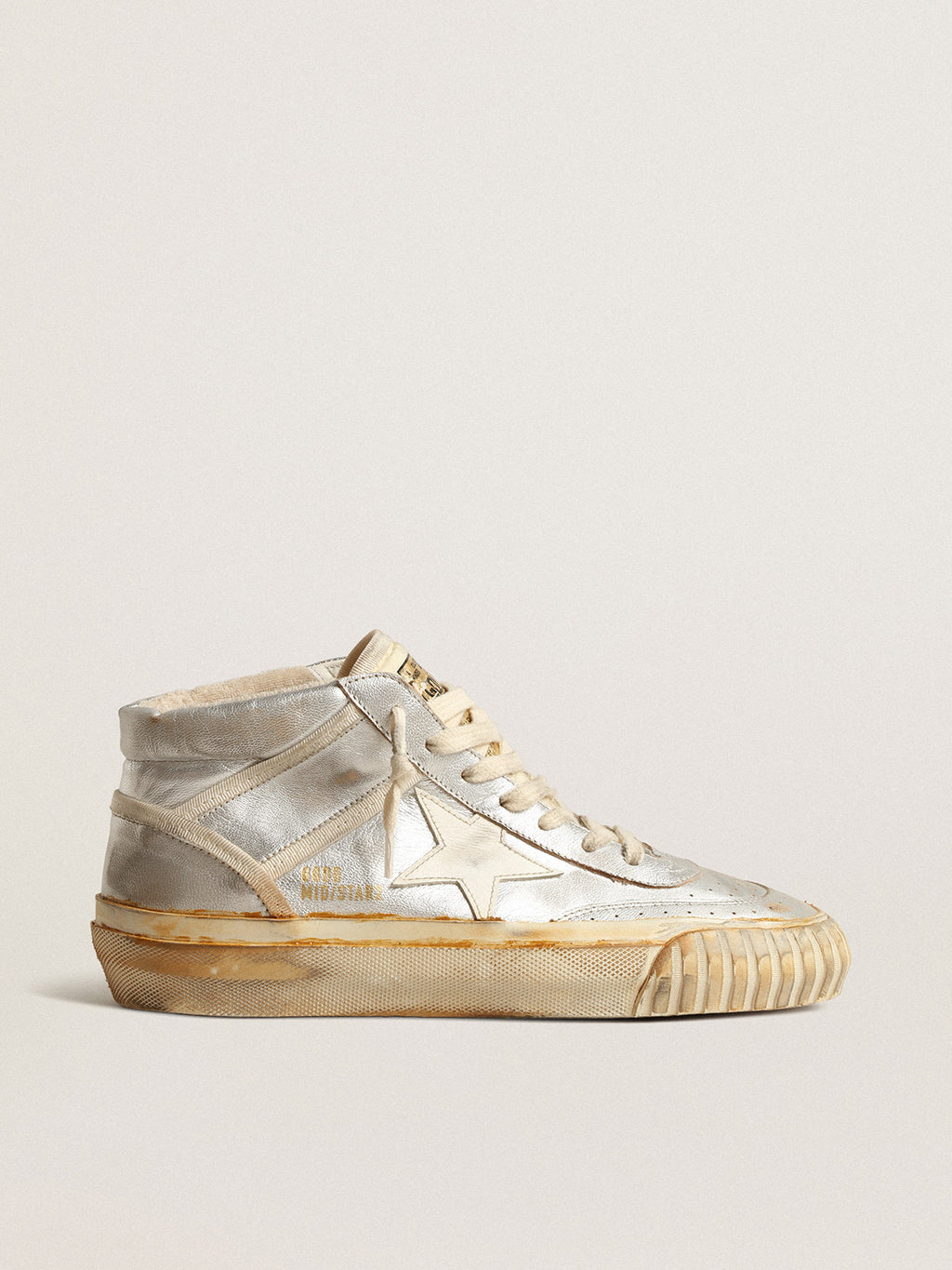 Women's Mid Star in silver metallic leather with ivory star| Golden Goose