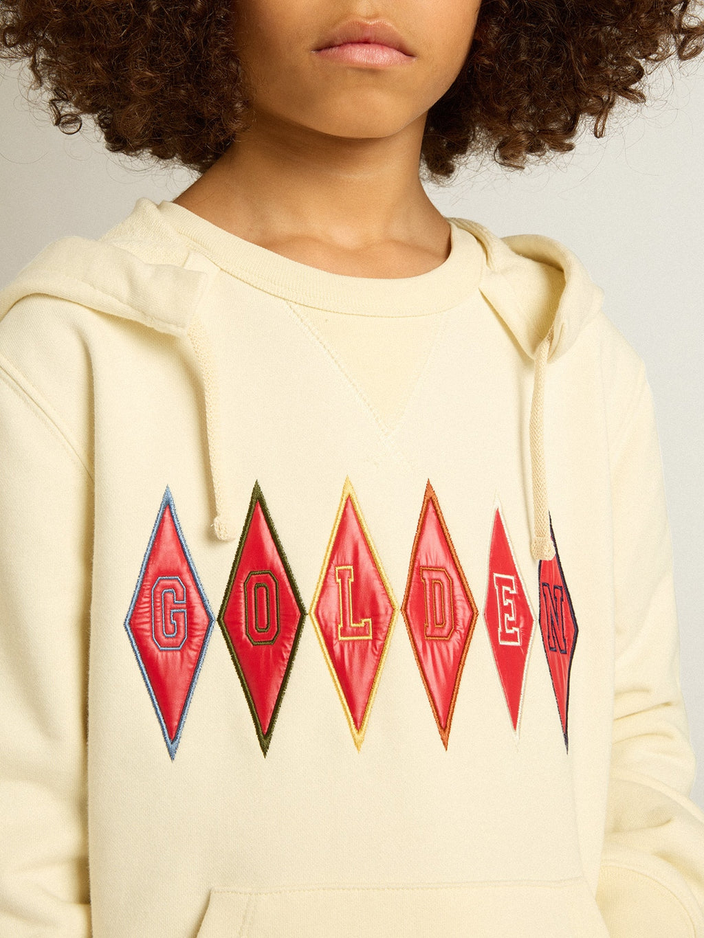 Hooded sweatshirt in worn white with Golden embroidery on the front| Golden Goose