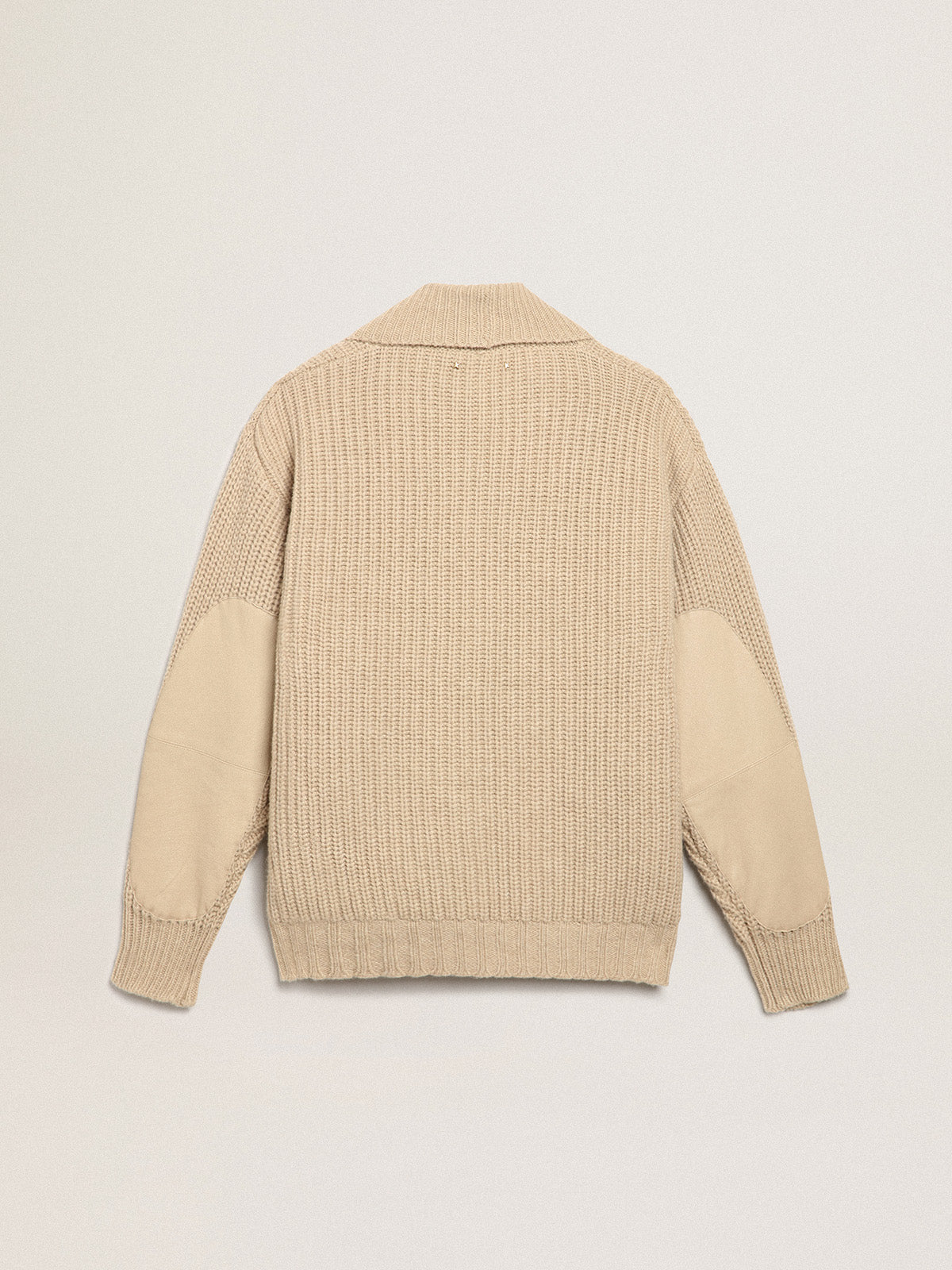 Men's double-breasted beige wool cardigan with leather patches| Golden Goose
