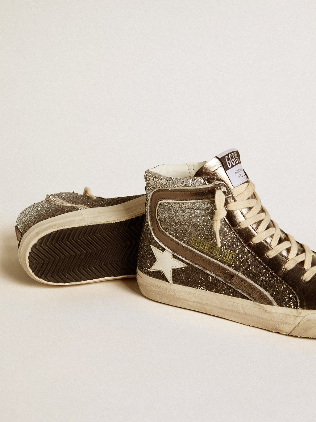 Women's Slide in black and silver glitter with leather star and metallic flash| Golden Goose