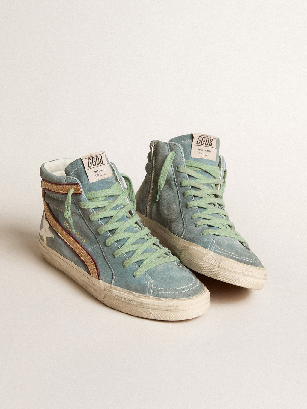 Light blue suede Slide LTD with white star and gold glitter flash| Golden Goose