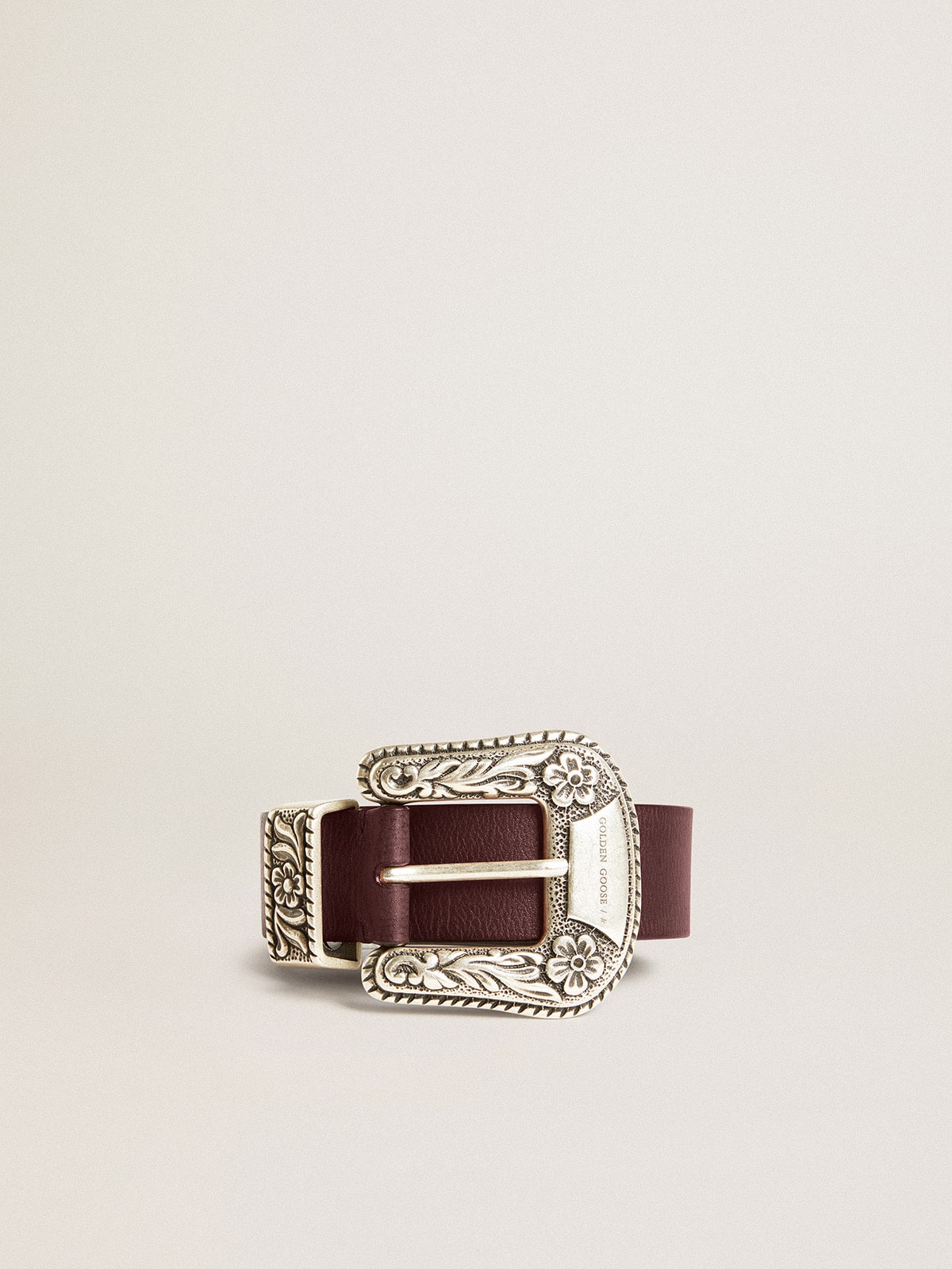 Women's belt in burgundy leather with decorated silver buckle| Golden Goose