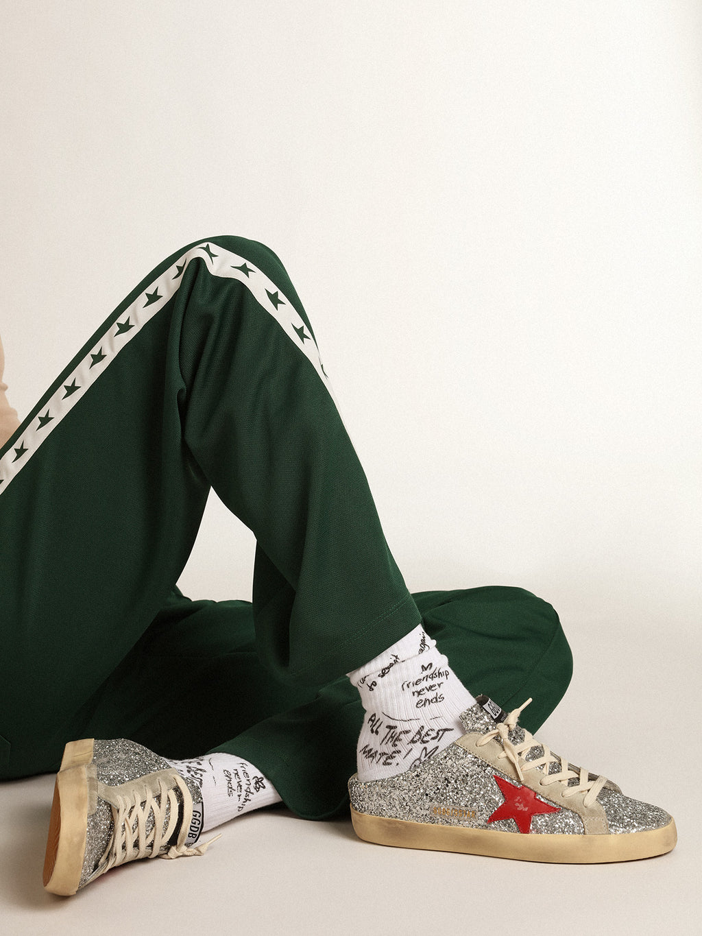 Women's Super-Star Sabot in silver glitter with red leather star| Golden Goose