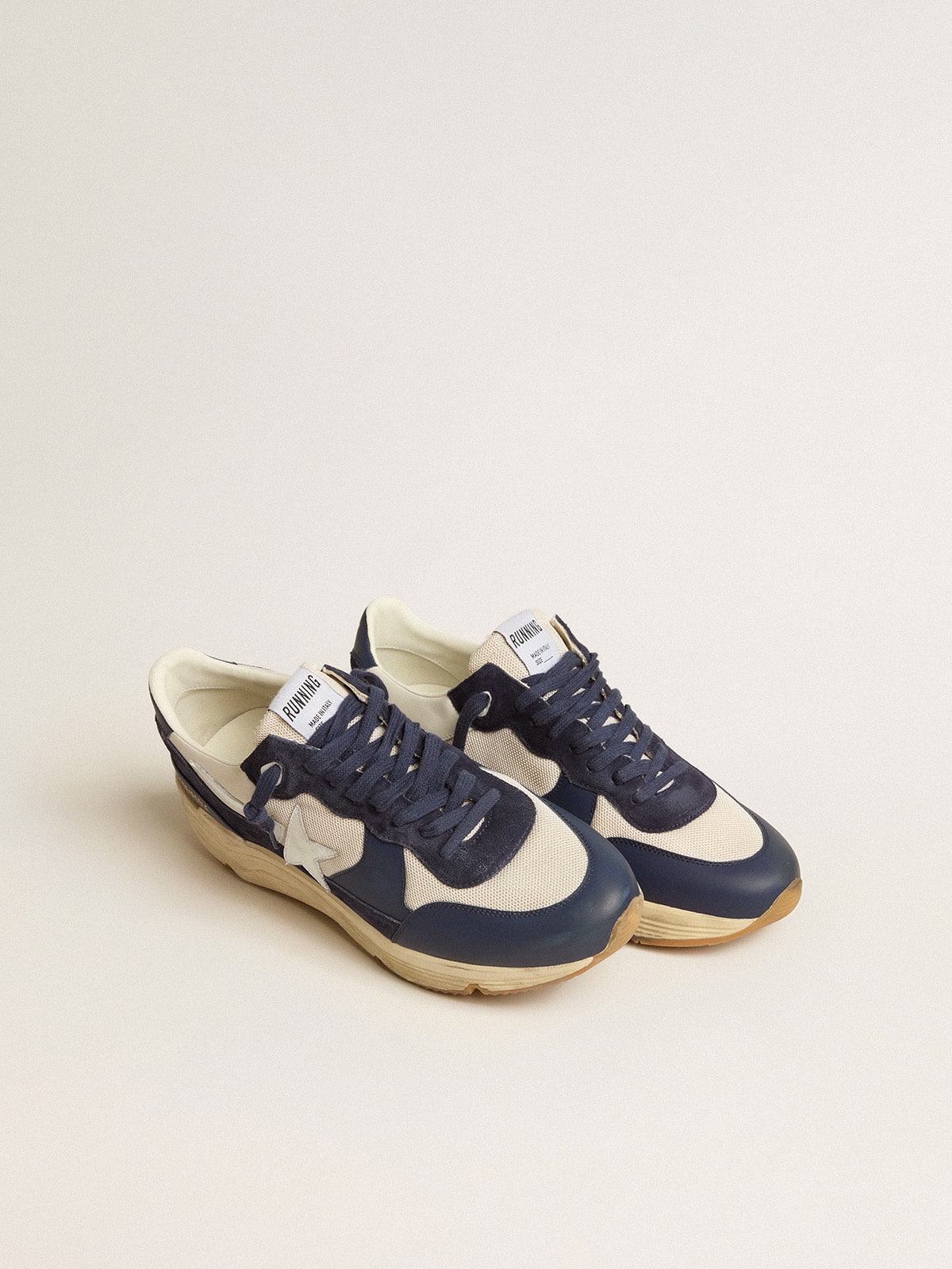 Running Sole in cream mesh and blue leather with a white leather star| Golden Goose