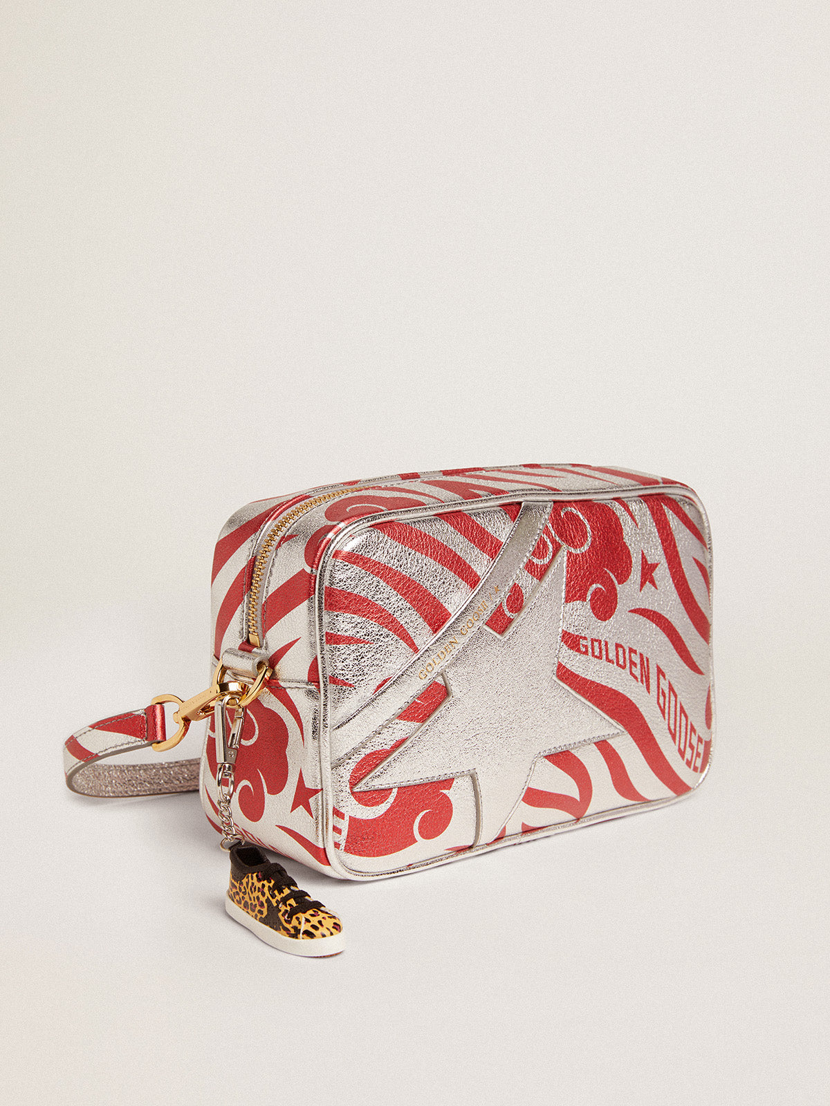 Women's Star Bag in silver leather with star and tiger-striped CNY| Golden Goose