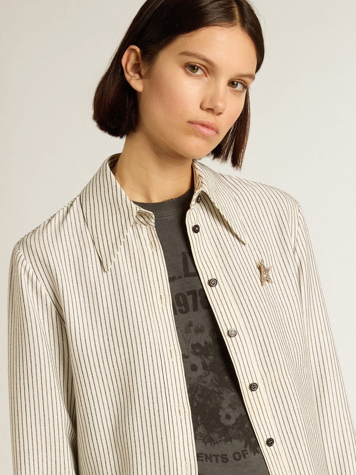 Women's white viscose shirt with narrow black stripes| Golden Goose