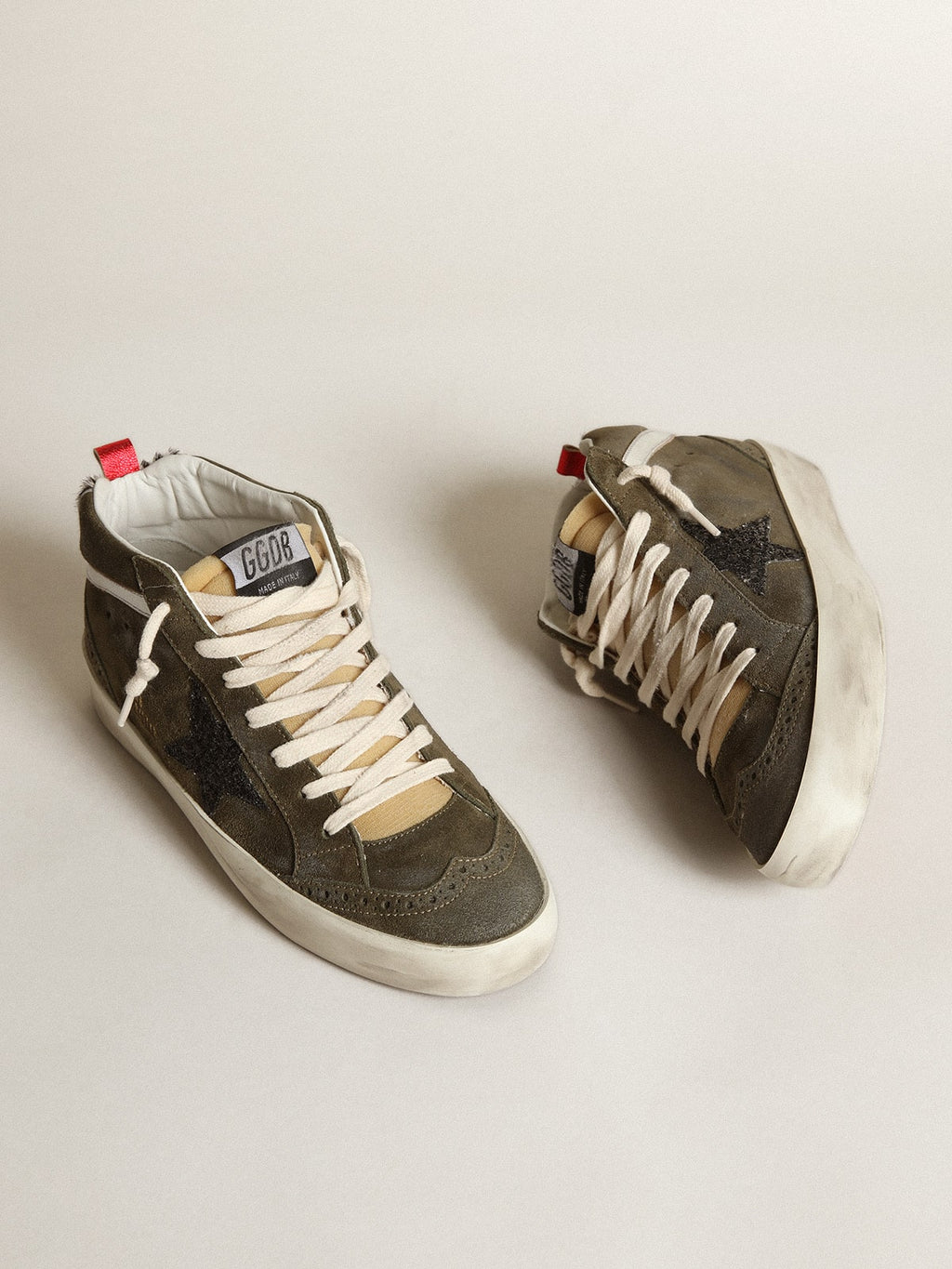 Women's Mid-Star in olive-green suede with black glitter star and pony skin heel tab| Golden Goose
