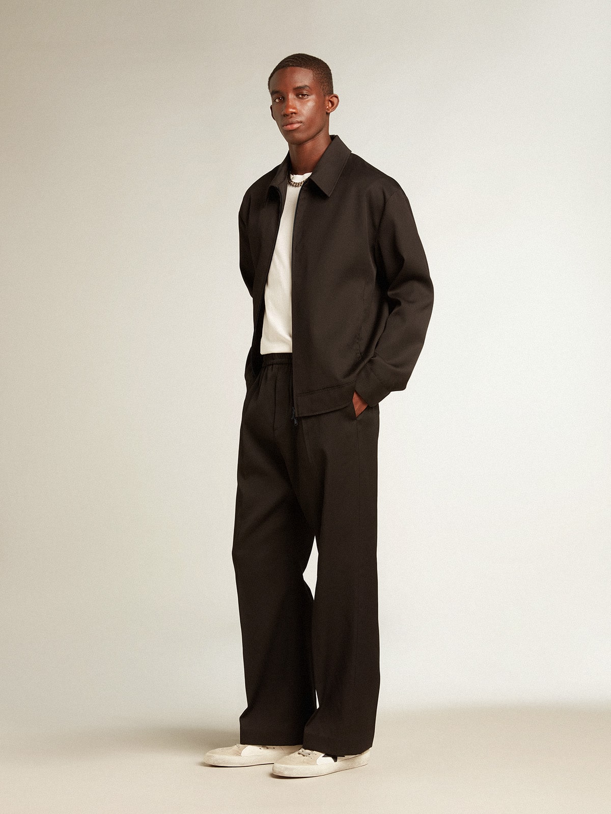 Men's zip-up jacket in black wool gabardine| Golden Goose
