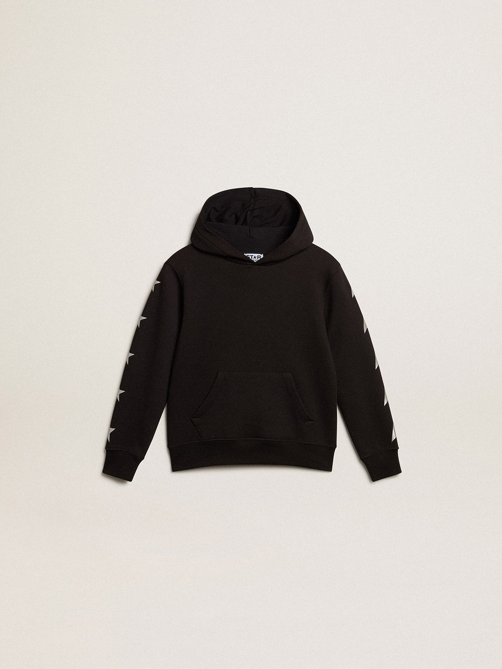 Boys' hooded sweatshirt in black with contrasting silver stars| Golden Goose