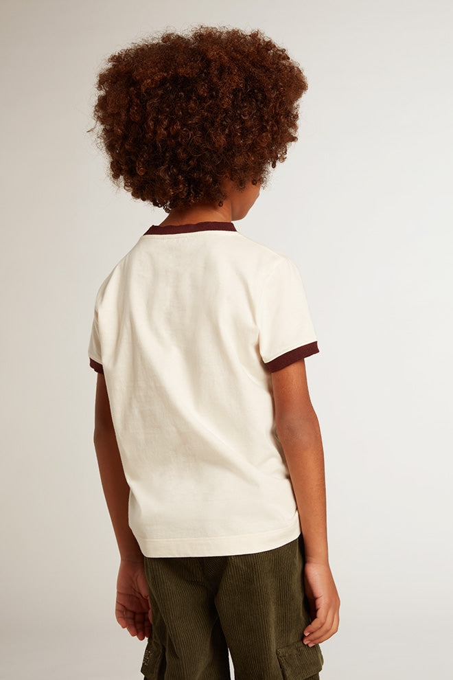 Boys' white cotton T-shirt with faded print at the center| Golden Goose