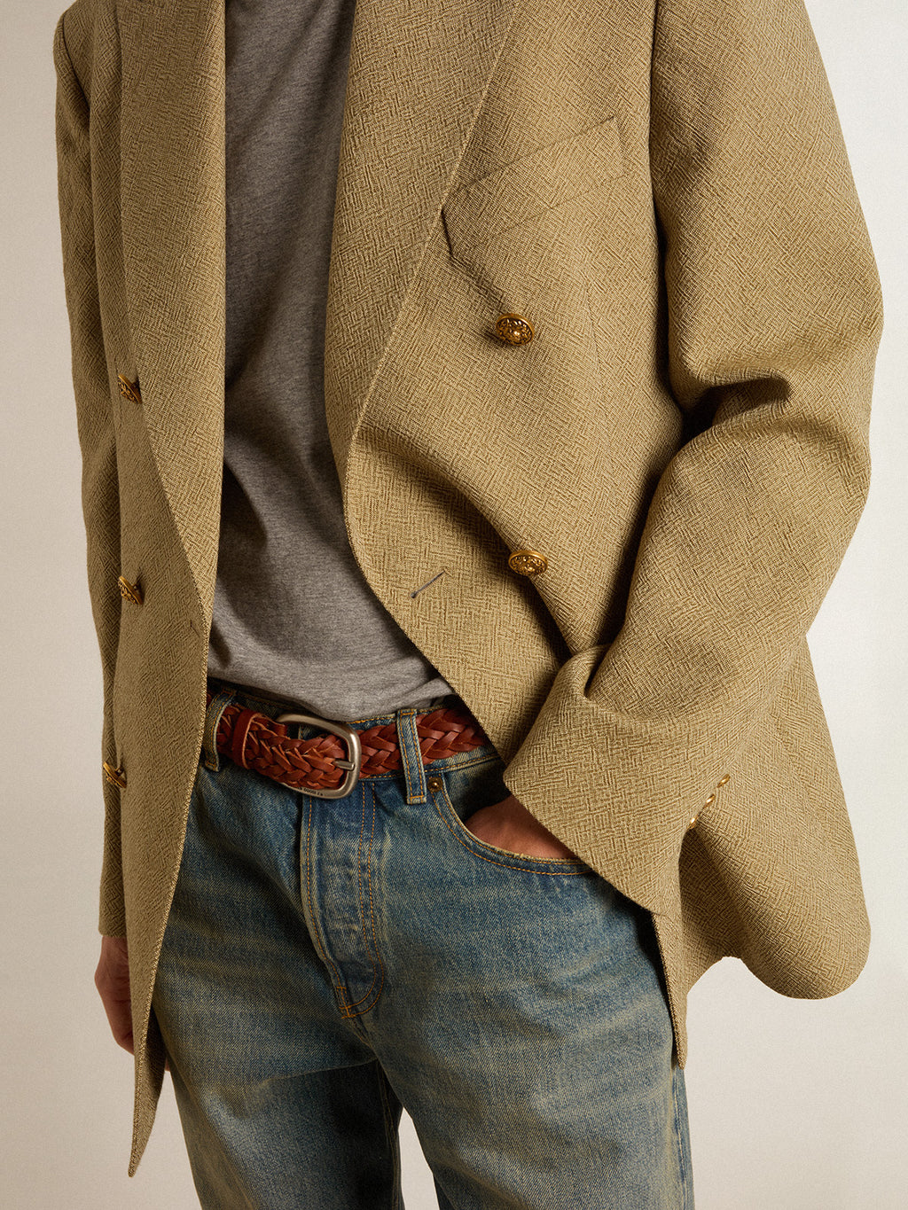Men's pale beech-colored double-breasted blazer| Golden Goose