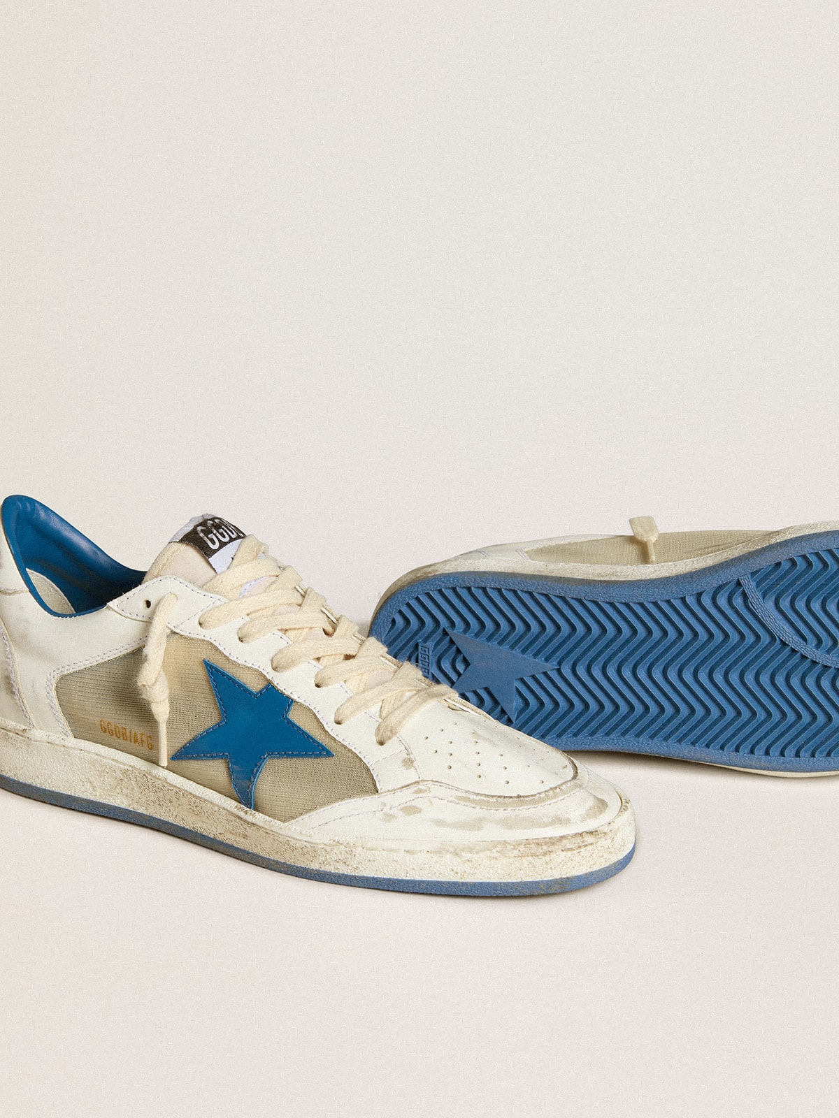 Men's Ball Star LAB in white leather with light blue leather star and white heel tab| Golden Goose
