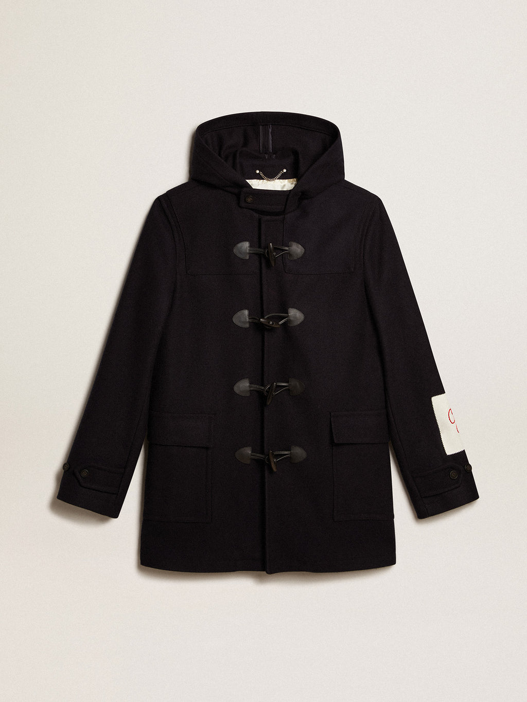 Dark blue wool duffle coat with hood and toggle fastening| Golden Goose