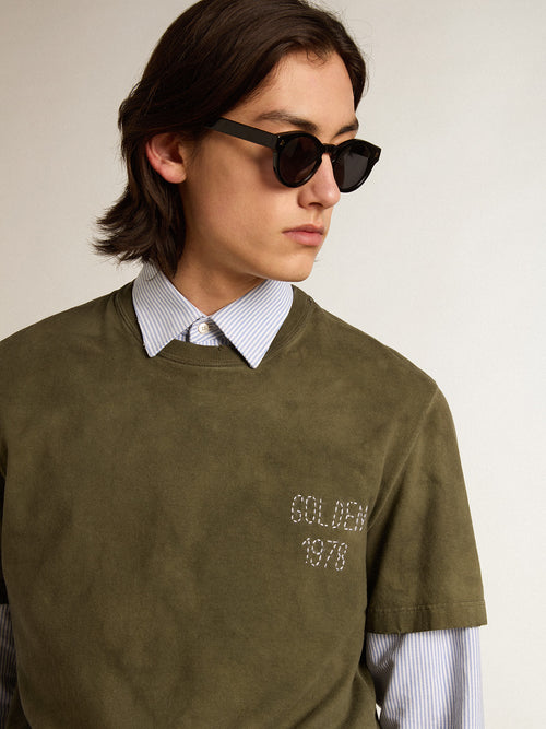 Beech-colored cotton T-shirt with embroidery on the front| Golden Goose