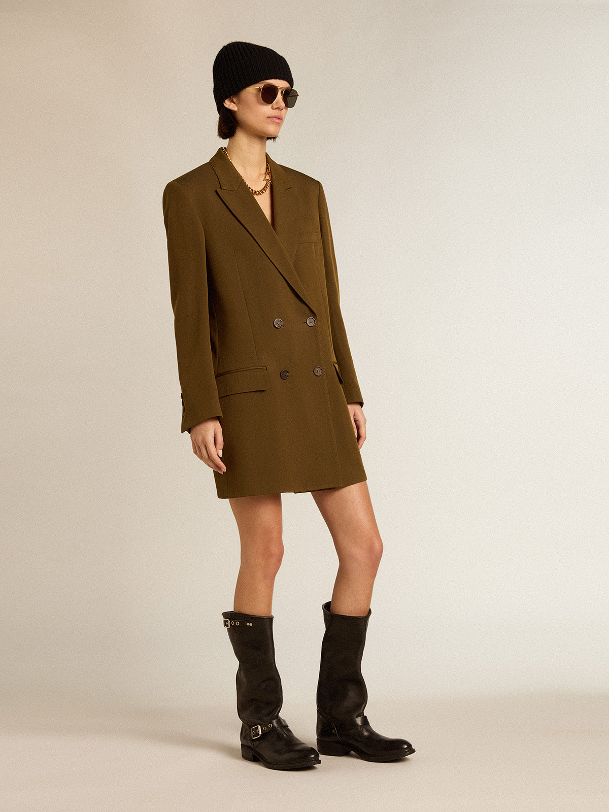 Short dress in beech-colored wool with horn buttons| Golden Goose