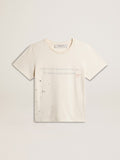 Men's T-shirt in aged white cotton with print and embroidery