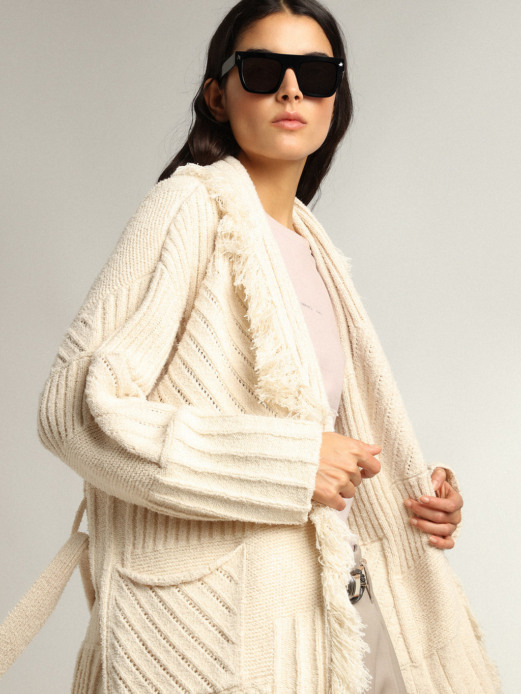 Belted cardigan in papyrus-colored cotton| Golden Goose