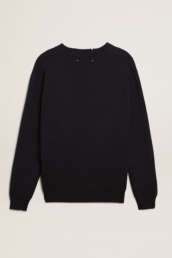 Men's round-neck sweater in dark blue cotton| Golden Goose